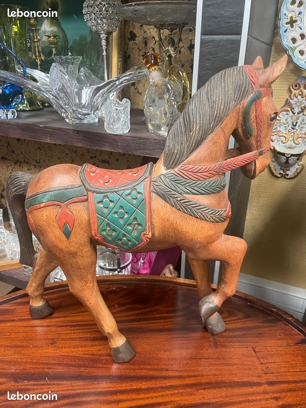 Ancien Cheval En Bois Polychrome Jouet 21x21 Cm