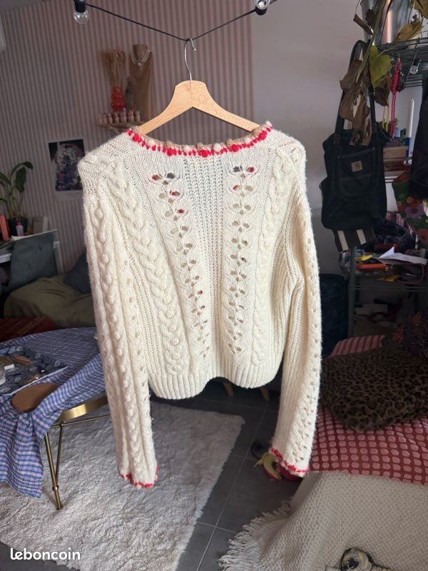 Veste Gilet Beige Maje - Taille 36/38 - Maille Et Détails Cuir - Très Bon état