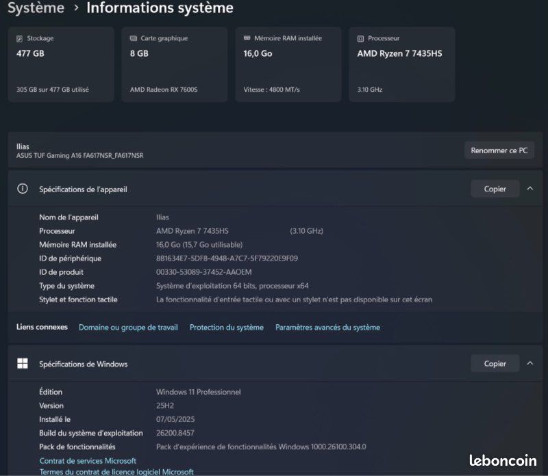 Ordinateur / PC portable / ASUS TUF Gaming A16 – Ryzen 7 7435HS / RX 7600S 8 Go / 16 Go RAM / SSD 512 Go (image 10)