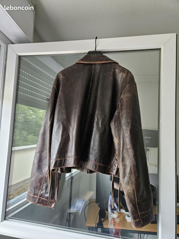 Blouson cuir vieilli Leather biker jacket Sandro Brown size 42