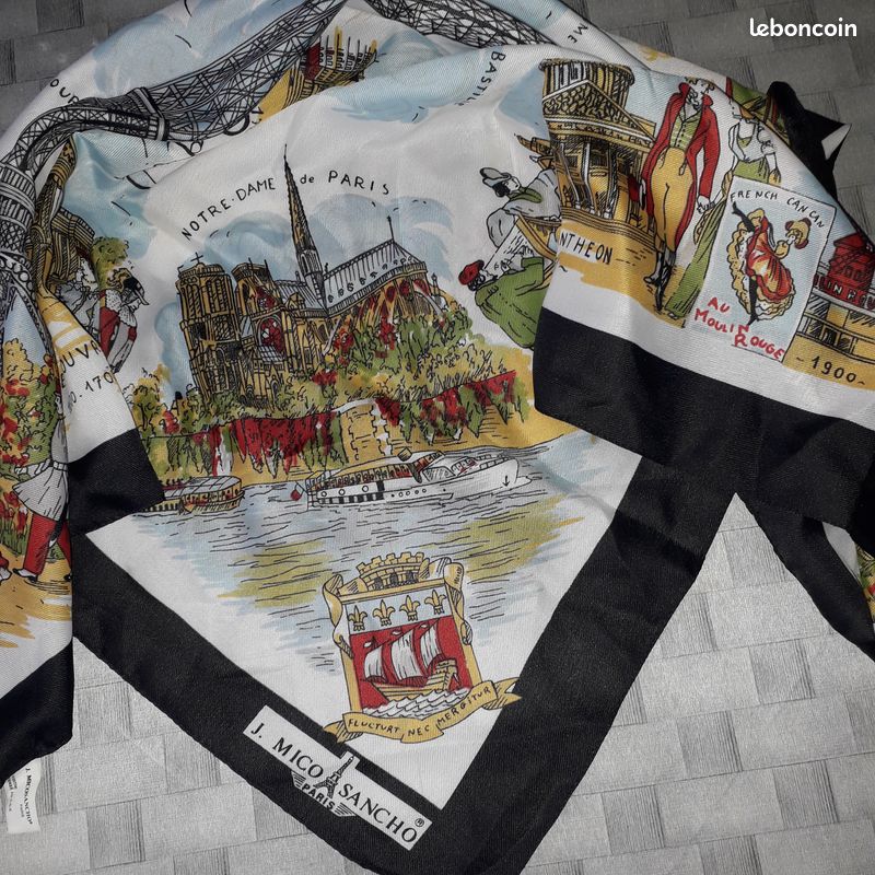 Foulard Carré En Soie MICO SANCHO Paris - Vintage 88 Cm, Motif Forêt Multicouleur
