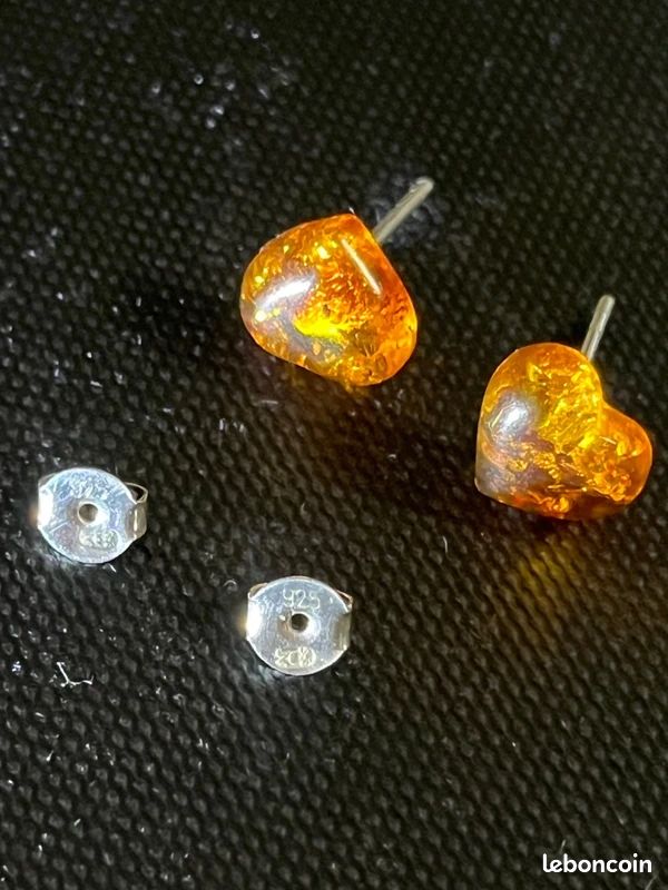 Boucles D'oreilles Coeurs En Ambre Véritable Et Argent 925 - Pendantes, Occasion, Pierre Naturelle