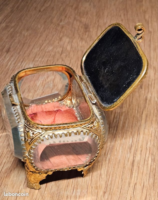 Boîte à Bijoux Antique Napoléon III En Laiton Doré Et Cristal Biseauté - Occasion Bel état
