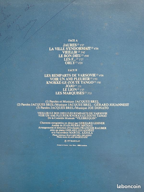 VINYLES 33 TOURS DE JACQUES BREL musique vinyle
Barclay 1977.
Vinyles impeccable
10 (image 2)