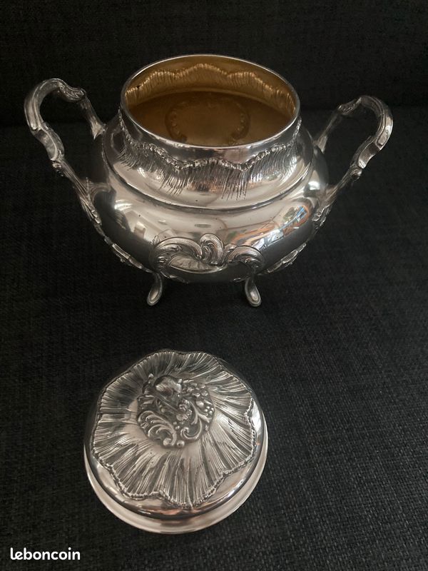 Sucrier ancien en argent massif et cristal bleu cobalt – Style Napoléon