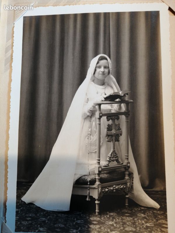 Robe Ancienne De Communiante Blanche Vintage - Col Rond Avec Plis, Taille 12-13 Ans, Style évasé