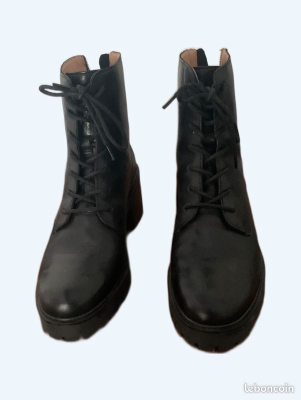 Bottines Femme Taille 38 - Imitation Cuir Noir - Talon Plat - Occasion Très Bon état