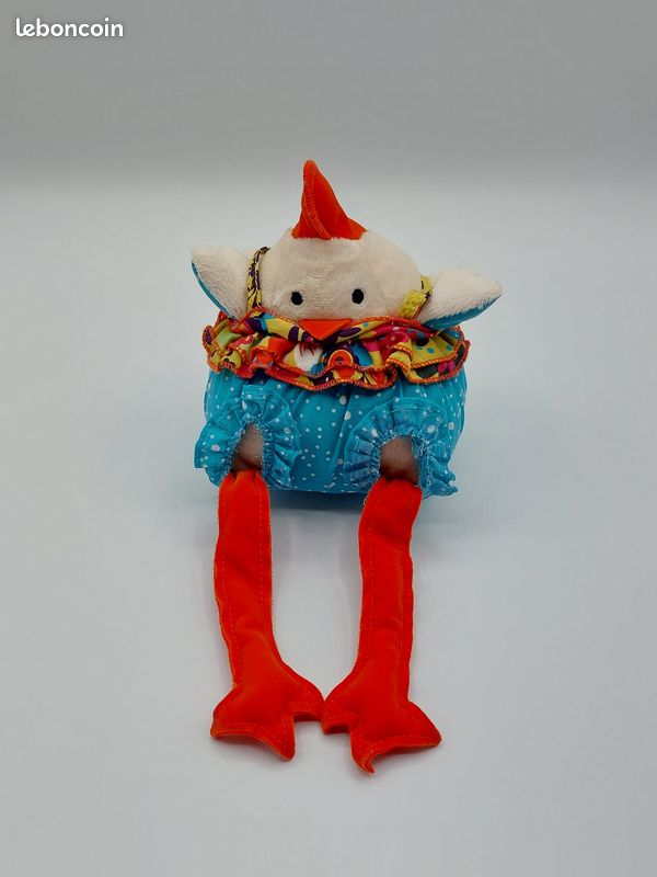 Peluche doudou poule coq CATIMINI écru orange bleu pois blanc 16