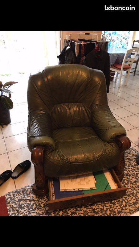 Canape fauteuil plus table basse en chêne et cuir (image 2)
