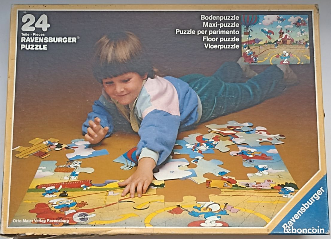 Puzzle de sol L'aéroschtroumpf, 24 maxi pièces, carton, Édition Ravensburger, Année 1983 (image 1)