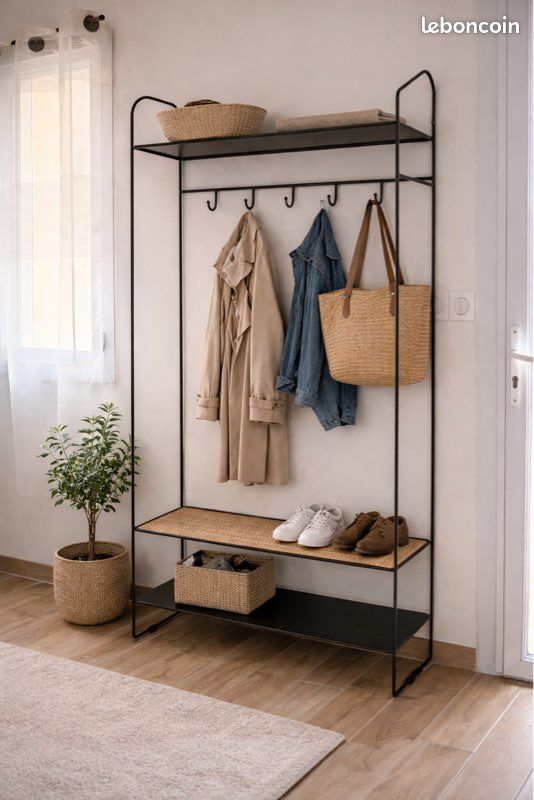 Vestiaire métal noir – banc + étagères + porte-manteaux (image 1)
