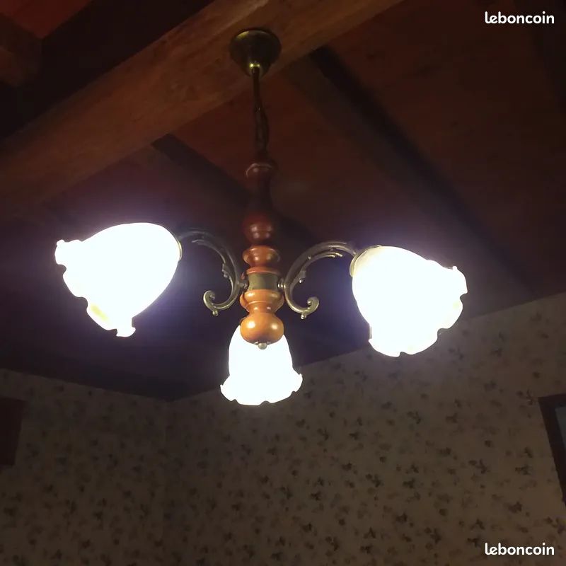 Lustre suspension 3 branche bois et laiton avec abat jour (image 2)