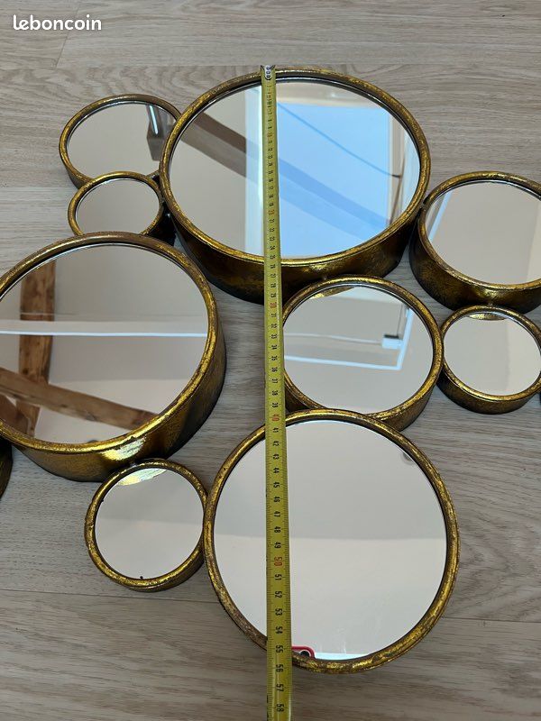 Miroir Mural Rond à Boules Dorées - Diamètre 70 Cm, Style Rétro, Bon état