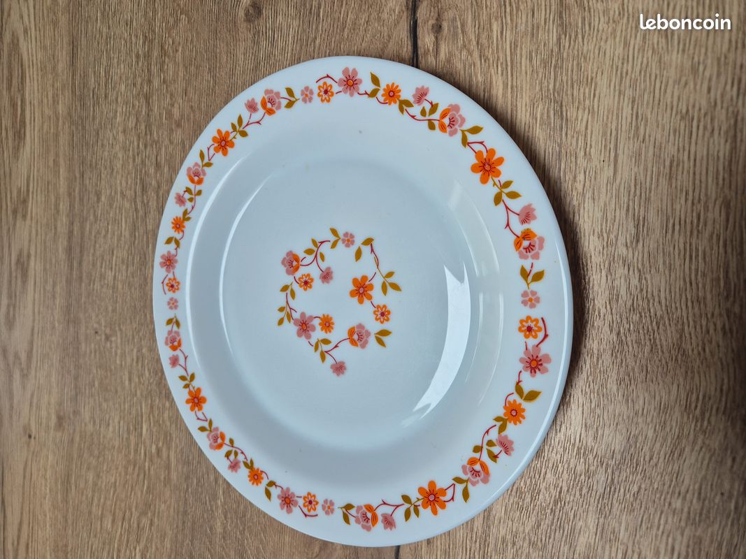 Lot De 6 Assiettes Creuses Arcopal Vintage, France, 21,5 Cm, Motif Fleurs Oranges