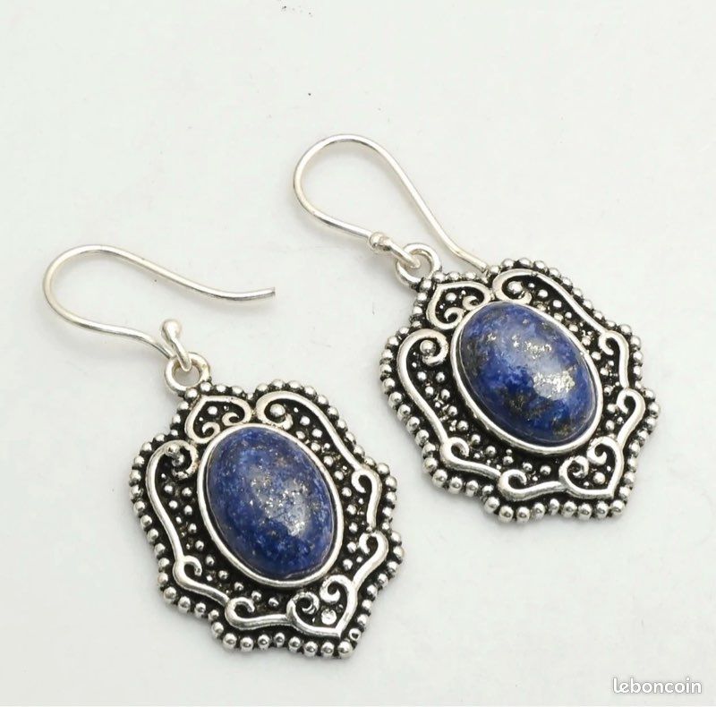 Boucles D'oreilles Pendantes Argent Et Lapis-lazuli - Bijou Occasion En Bon état
