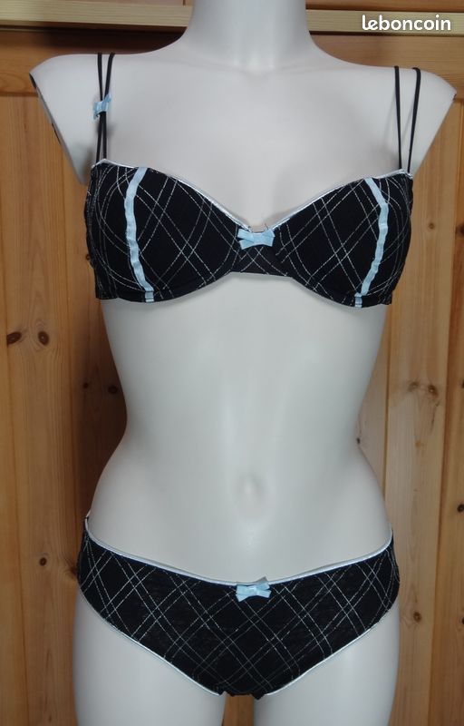 Ensemble Lingerie IMPLICITE COBALT - Soutien-gorge 85A Push-up + String Taille 1 - Noir - Neuf Avec étiquettes