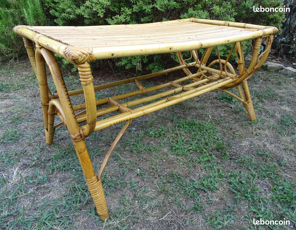 Table Basse Bambou Rotin Osier Design Bar Porte Revues Rétro Vintage Tiki 60 70's (image 9)