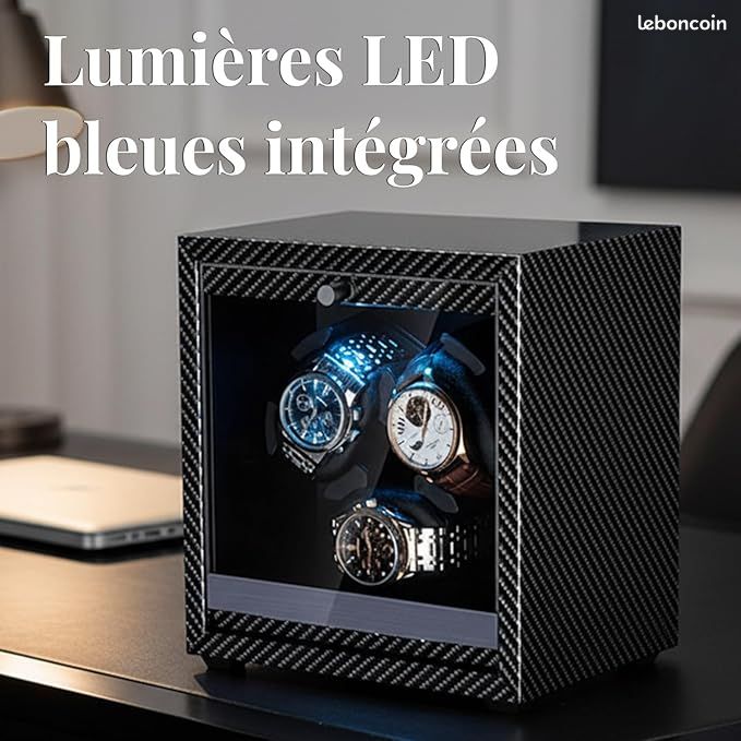 Remontoir Montres Automatiques Bois Noyer Noir - Moteur Silencieux 4 Modes LED, Cadeau Élégant Homme Femme
