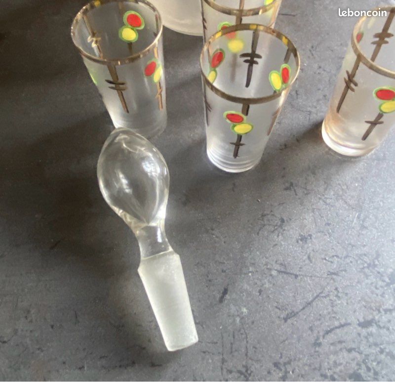 Carafe emaillee verre irise epoque art nouveau + 4 verres (image 6)