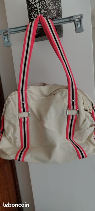 Sac:/Cabas "Jennyfer" en toile beige à rayures roses, écrues et noires - Doublé - 3 poches intérieures - Fermeture par fermeture éclair - Dimensions : 41cmX31cm env (image 1)