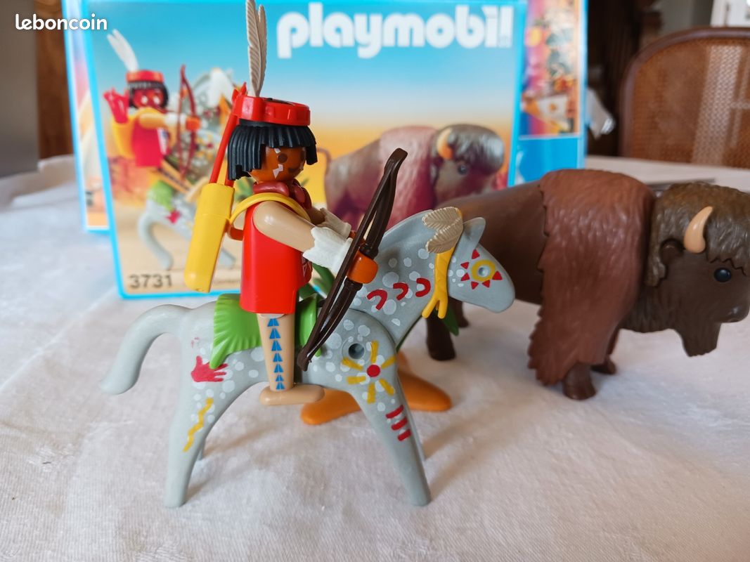 Lot PLAYMOBIL Vintage Western 3731 De 1988 - Indien, Chasseur, Cheval, Bison - Complet