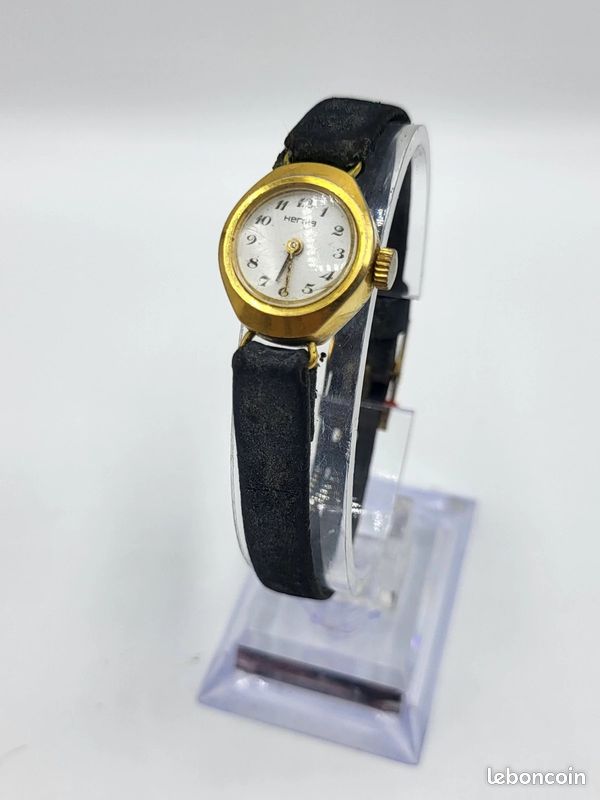 XB – Montre Vintage Herma Femme Plaqué Or Bracelet Cuir Fonctionnelle (image 1)