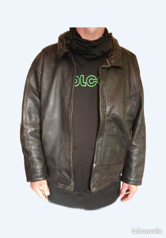 Blouson cuir noir vintage taille 48 XL-XXL (image 1)