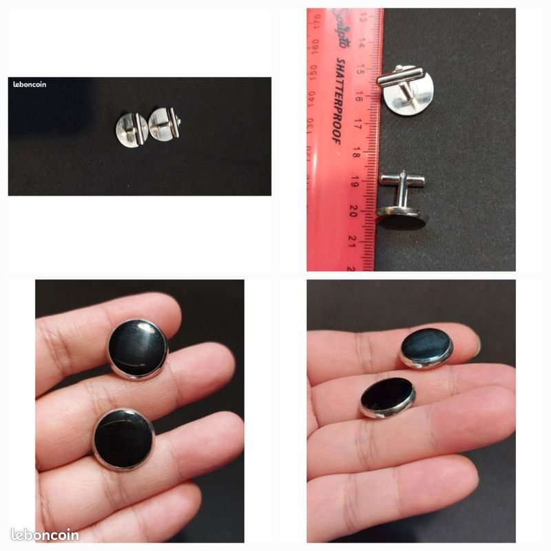 Ébauches De Boutons De Manchette - Rond Cabochon Noir Et Argent - Monture Inox Pour Bricolage Bijou - Neuf