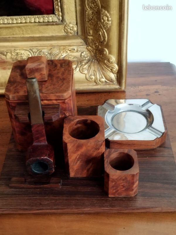 Service accessoire à Bureau -tabac-art Déco- Boite Pipe+Pot Bois Loupe d'Orme (image 2)