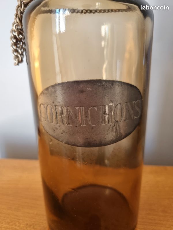 Ancien pot / bocal à cornichons vintage en verre fumé et métal (image 3)