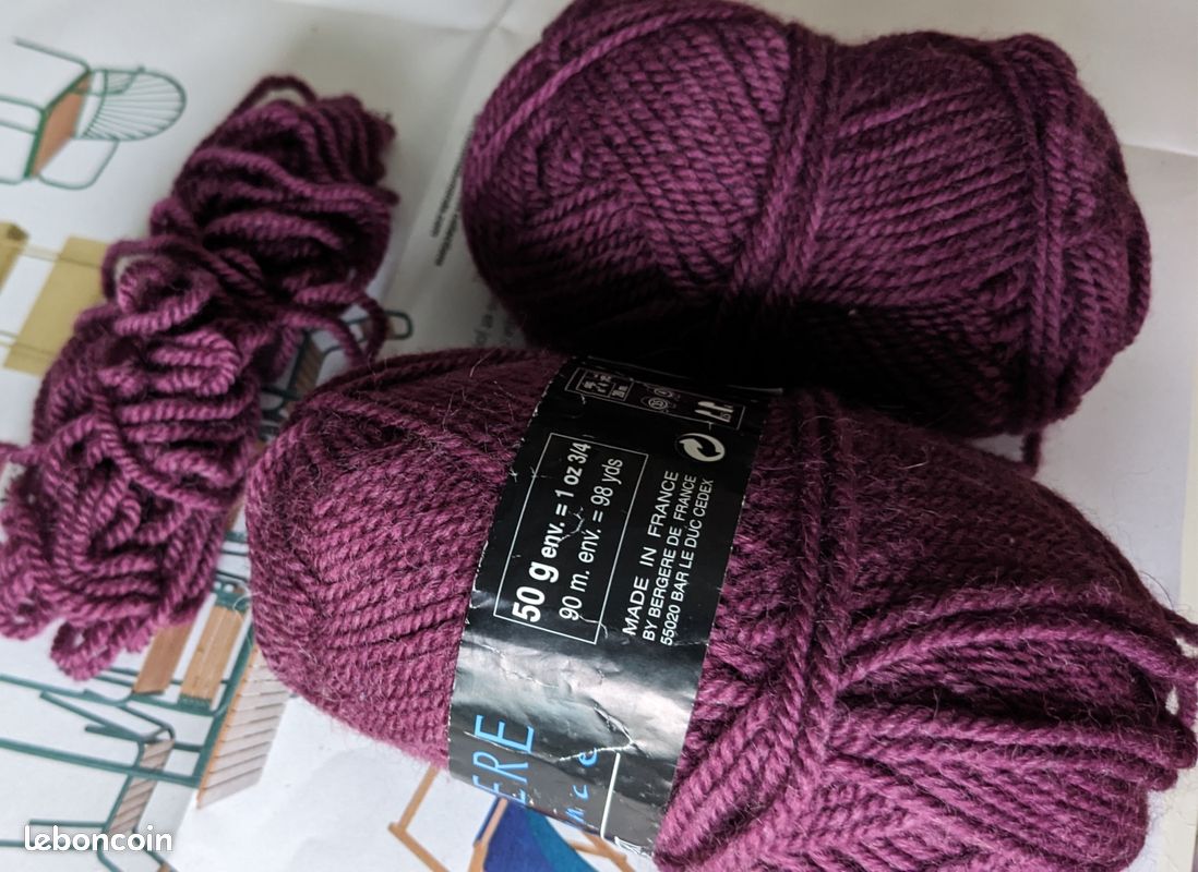 🌼🪴lot 2 anciennes pelotes Bergère de France Sport -Couleur prune-51%laine et 49% Acrylique-Aiguilles adaptées N° 4 ou crochet N° 3,5 ou 4 (cf, photos) (image 6)