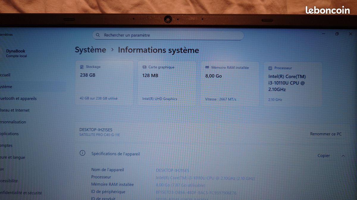 Unité ou Lot PC portable notebook Toshiba C40 14" I3 2,1ghz Gen10 8go 256 SSD (image 5)