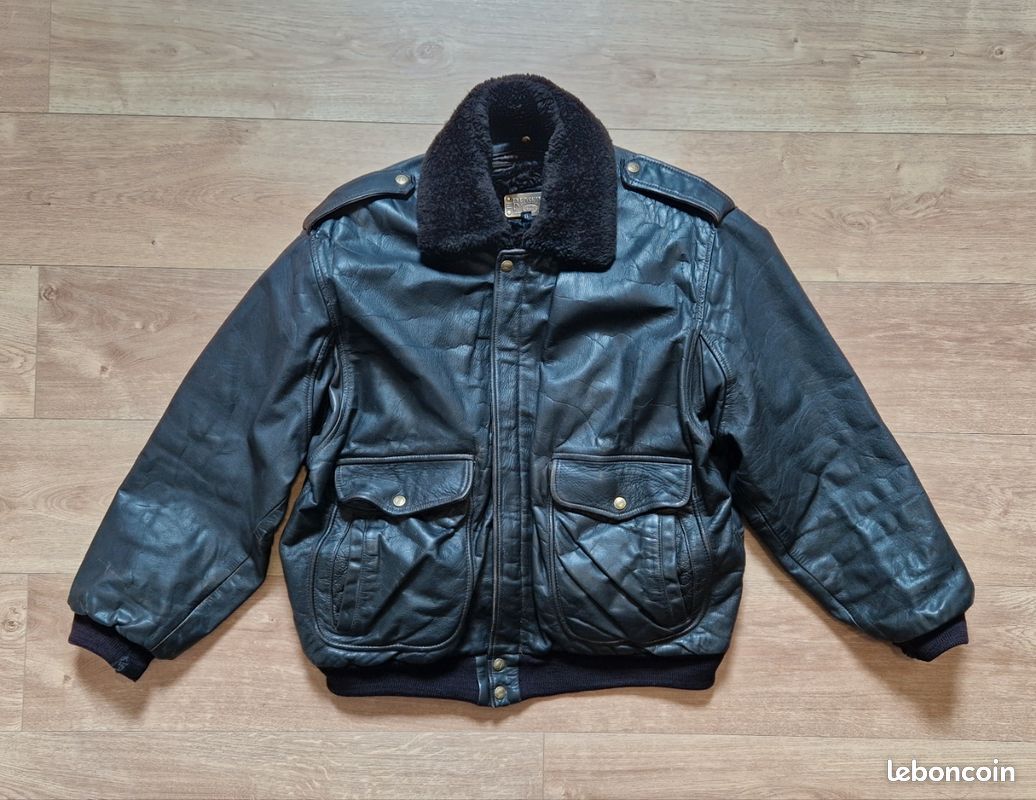Blouson aviateur cuir noir avec doublures fourrées vintage Redskins - XL (image 1)