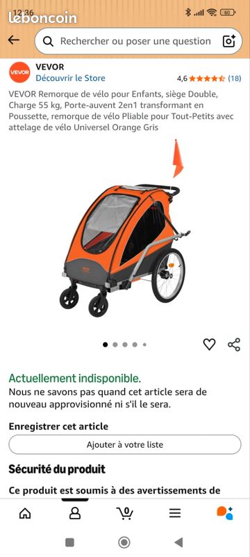 Remorque Vélo Enfant VEVOR Pliable - 2 Places Double - Charge 55 Kg - NEUVE