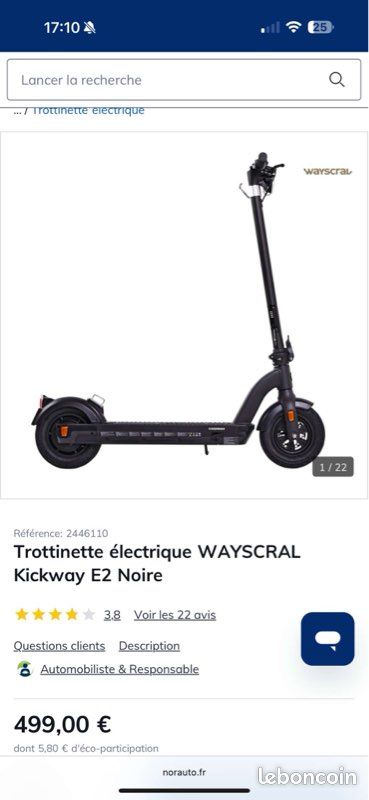 Norauto Trottinette Ã©électrique Wayscral Kickway E1 Noire Fat