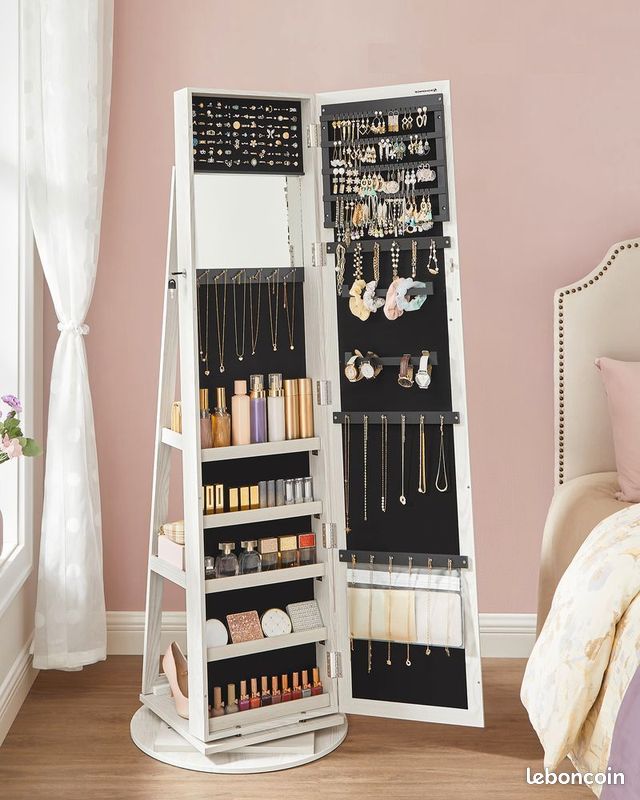 Armoire à bijoux sur pied avec miroir – rangement maquillage – blanc – neuve (image 2)