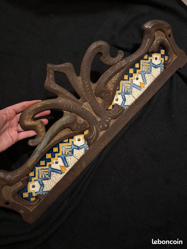 Ancien écran de cheminée Art Nouveau - Fonte et Carreaux Céramique (image 8)