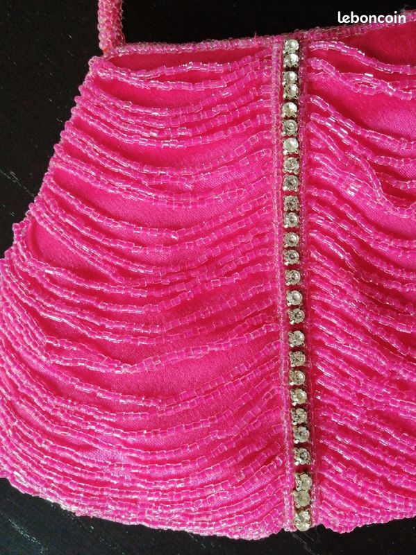 Pochette de soirée perlée neuve rose fushia et strass fermeture zip (image 2)