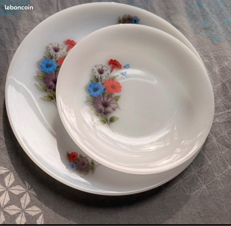 2 Plats Ronds Arcopal Vintage 29 Cm - Décor Fleurs Volubilis - Fabriqué En France