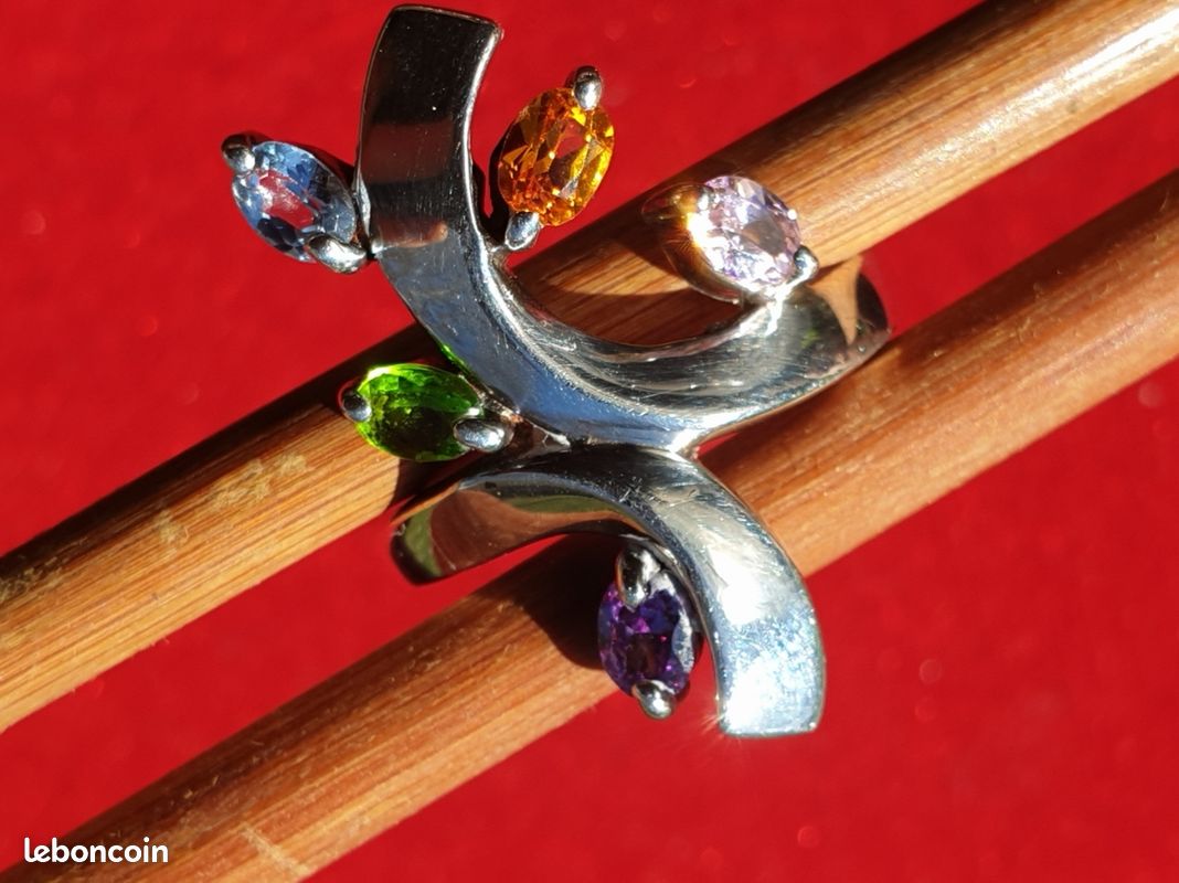 Bague Vintage Argent Massif Et Pierres - Poinçons Ukraine, Taille 55, Occasion