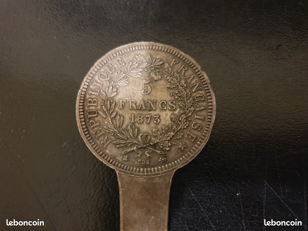 Ancien Coupe-Papier Pièce de Monnaie 5 Francs HERCULE Argent 1873 Bureau Vintage (image 2)