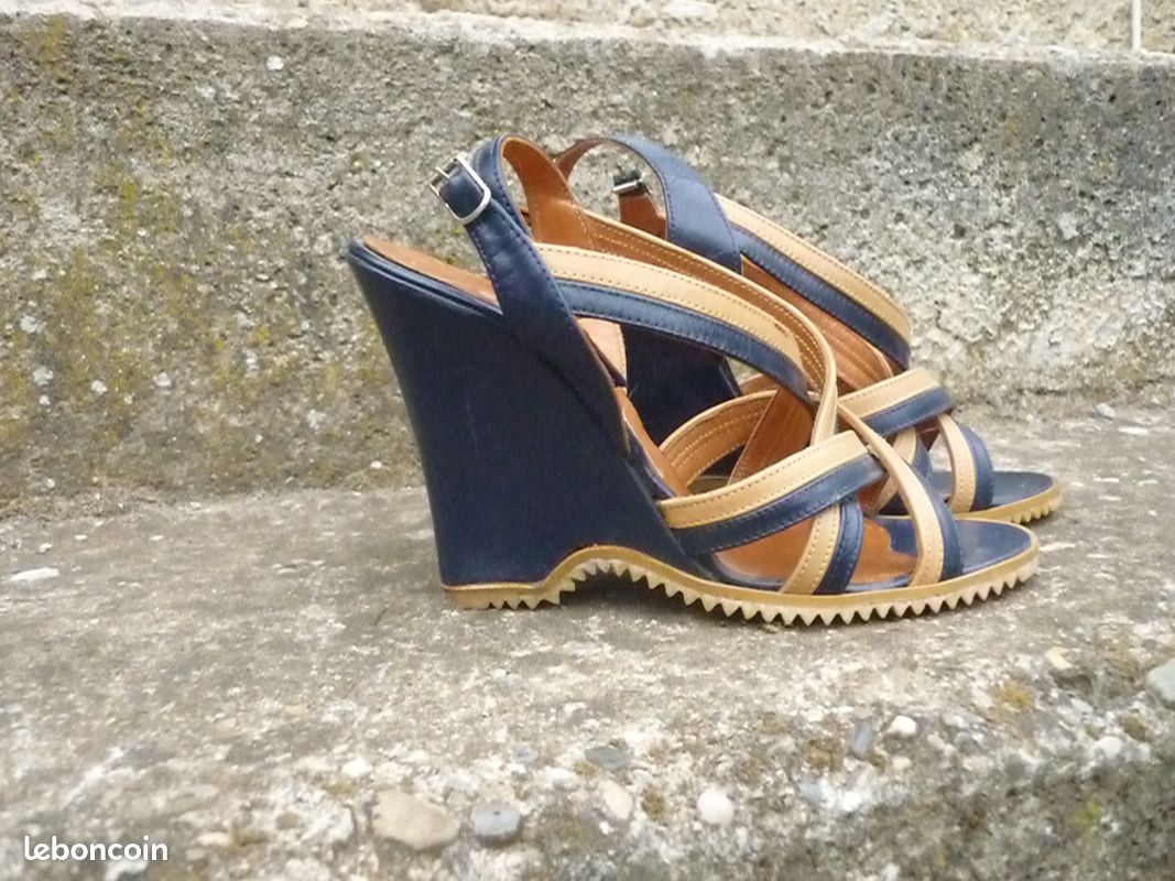 Sandales Cuir Compensés Bleu Marine Beige Camel T 35 (image 2)