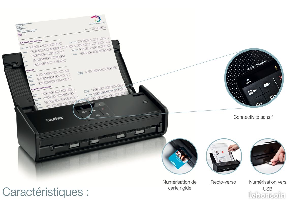 Scanner pro Brother compact ADS1100W (recto‐verso, scan carte rigide, 1200 dpi) PC/Mac, impeccable (image 9)