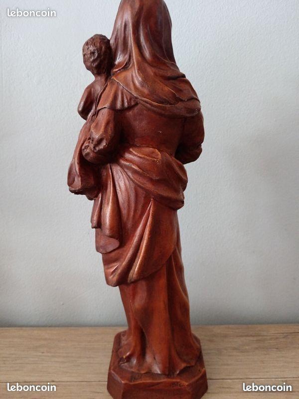 Statue Vierge à l'enfant en bois sculpté signée Alain Sicouly (image 2)