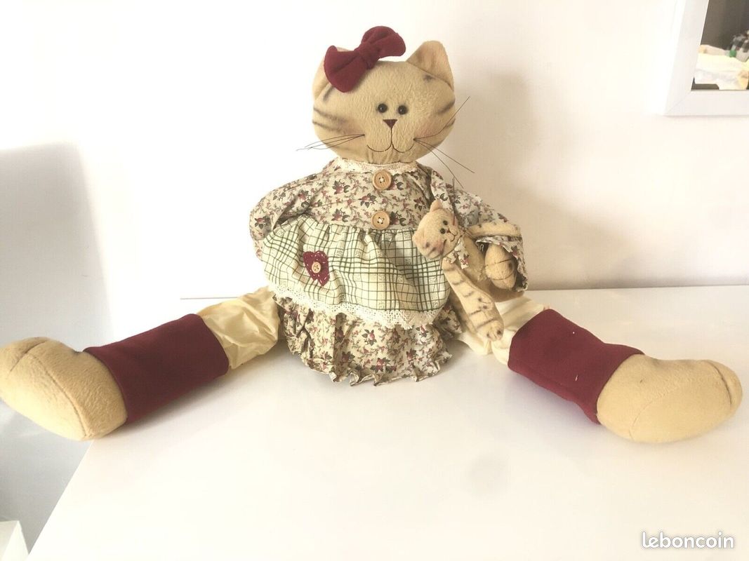 Poupée Chat N°19 – Tête Biscotte Porcelaine, Yeux Verre Bleu, 29cm, France