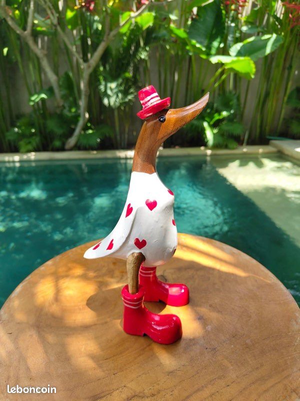 Canard En Bois Décoration Jardin ART-CRAFT - Sculpture à La Main, Racine Bambou Et Teck, Peint, 25cm, Bleu