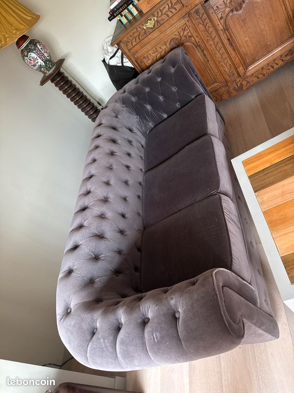 Canapé Gris Velours, Style chesterfield, (image 5)