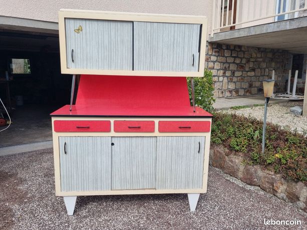 Meuble vintage en bois 4 tiroirs et dessus en formica Blanc