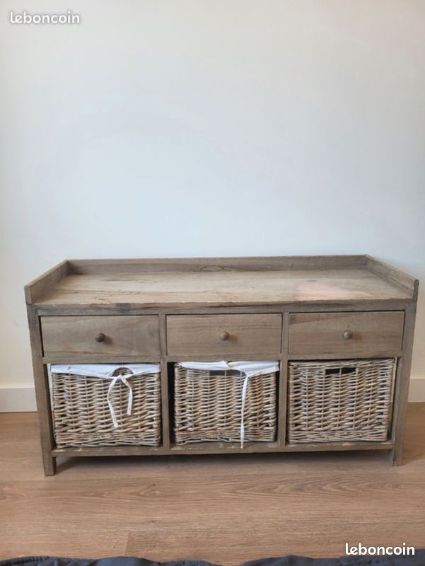 Meuble console 3 tiroirs + 3 paniers osier à rénover (image 1)