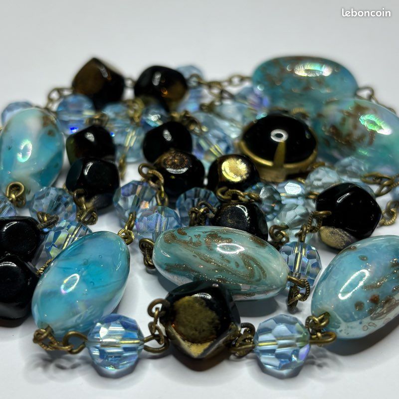 Collier Vintage Double Rangs Années 60 - Perles Pâte De Verre Murano Multicolore - Rare